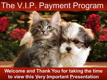 Welcome and Thank You for taking the time to view this Very Important Presentation The V.I.P. Payment Program.
