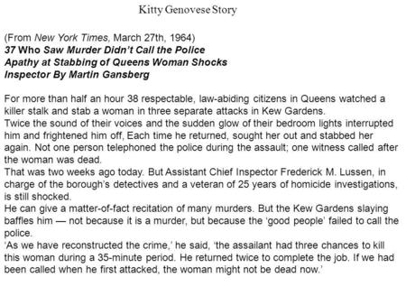 Kitty Genovese Story (From New York Times, March 27th, 1964)