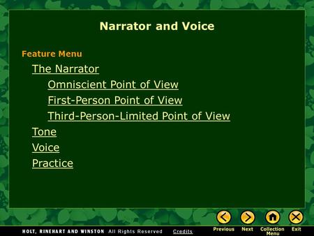 The Narrator Omniscient Point of View First-Person Point of View Third-Person-Limited Point of View Tone Voice Practice Narrator and Voice Feature Menu.