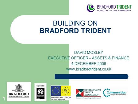 1 BUILDING ON BRADFORD TRIDENT DAVID MOSLEY EXECUTIVE OFFICER – ASSETS & FINANCE 4 DECEMBER 2008 www.bradfordtrident.co.uk.