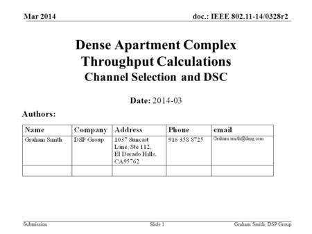 Doc.: IEEE 802.11-14/0328r2 Submission Dense Apartment Complex Throughput Calculations Channel Selection and DSC Date: 2014-03 Authors: Graham Smith, DSP.