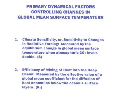 FEEDBACK PARAMETERS Let T s = global mean surface air temperature R= net flux of heat into the climate system ΔR f = change in R due to some change in.