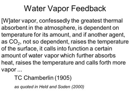 Water Vapor Feedback [W]ater vapor, confessedly the greatest thermal absorbent in the atmosphere, is dependent on temperature for its amount, and if another.