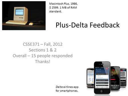 Plus-Delta Feedback CSSE371 – Fall, 2012 Sections 1 & 2 Overall – 15 people responded Thanks! Macintosh Plus, 1986, $ 2599. 1 MB of RAM standard. Delta.