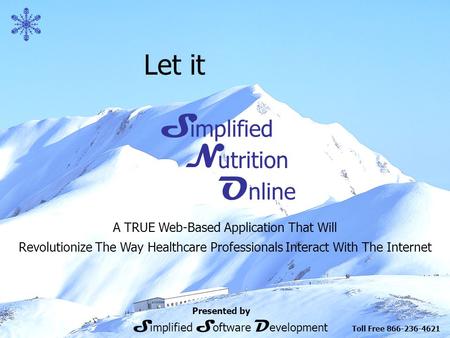 Let it S N O implified utrition nline A TRUE Web-Based Application That Will Revolutionize The Way Healthcare Professionals Interact With The Internet.