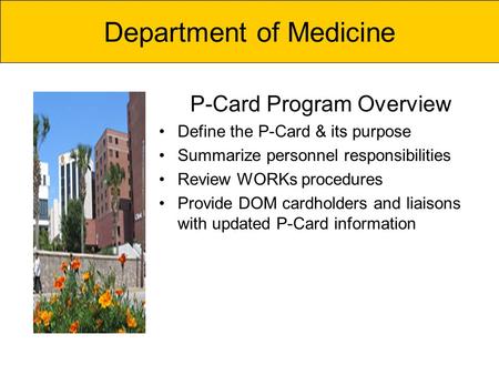 P-Card Program Overview Define the P-Card & its purpose Summarize personnel responsibilities Review WORKs procedures Provide DOM cardholders and liaisons.