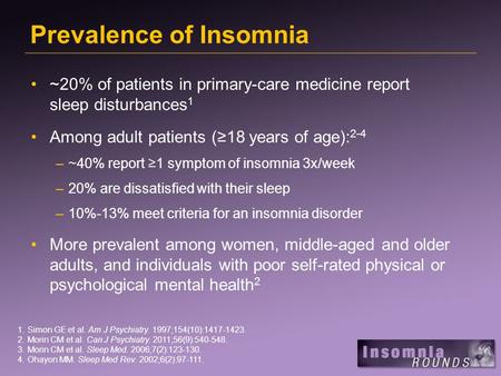 Prevalence of Insomnia ~20% of patients in primary-care medicine report sleep disturbances 1 Among adult patients (18 years of age): 2-4 –~40% report 1.