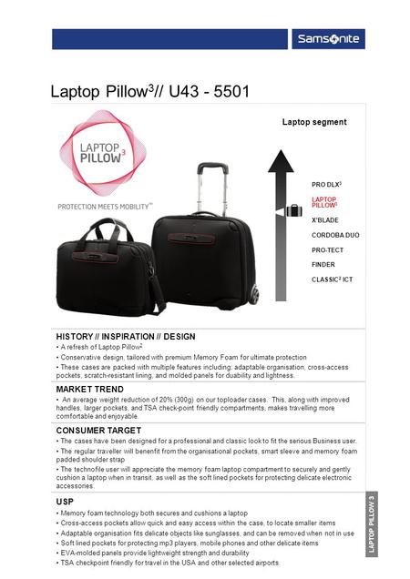 PRO DLX 3 LAPTOP PILLOW 3 XBLADE CORDOBA DUO PRO-TECT FINDER CLASSIC 2 ICT HISTORY // INSPIRATION // DESIGN A refresh of Laptop Pillow 2 Conservative design,
