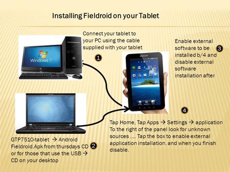 Installing Fieldroid on your Tablet GTP7510-tablet Android Fieldroid.Apk from thursdays CD or for those that use the USB CD on your desktop Tap Home, Tap.