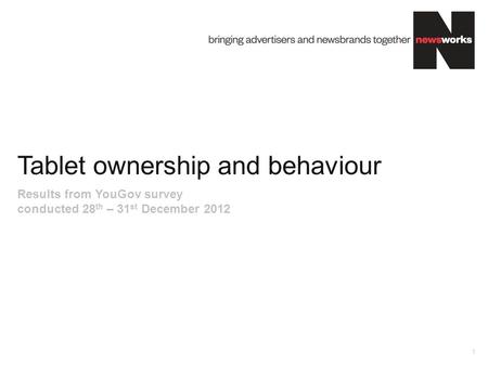Tablet ownership and behaviour 1 Results from YouGov survey conducted 28 th – 31 st December 2012.