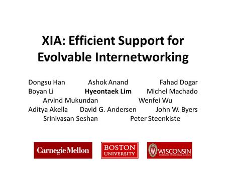 XIA: Efficient Support for Evolvable Internetworking Dongsu HanAshok AnandFahad Dogar Boyan LiHyeontaek LimMichel Machado Arvind MukundanWenfei Wu Aditya.