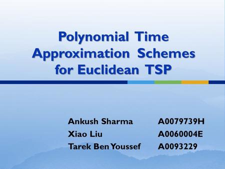 Polynomial Time Approximation Schemes for Euclidean TSP Ankush SharmaA0079739H Xiao LiuA0060004E Tarek Ben YoussefA0093229.