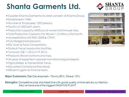Shanta Garments Ltd. Supplier: Shanta Garments Ltd. sister concern of Shanta Group. Established in 1988. Number of Employees: 1203 persons. Facility: 61,000.