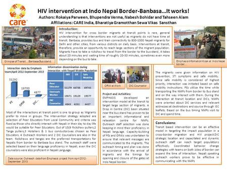 HIV intervention at Indo Nepal Border-Banbasa…It works! Authors: Rokaiya Parween, Bhupendra Verma, Nabesh Bohidar and Tahseen Alam Affiliations: CARE India,