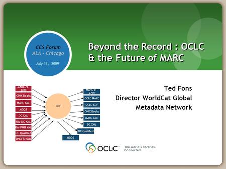 Beyond the Record : OCLC & the Future of MARC Ted Fons Director WorldCat Global Metadata Network CCS Forum ALA - Chicago July 11, 2009 CDF MARC 21- 2709.