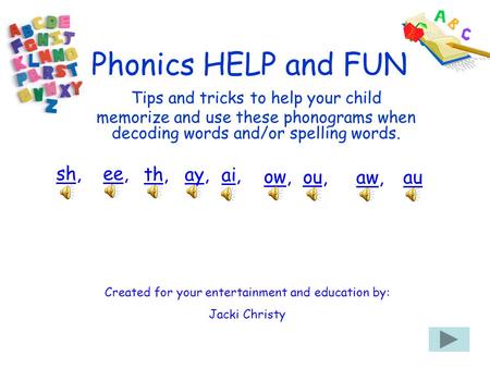 Phonics HELP and FUN Created for your entertainment and education by: Jacki Christy Tips and tricks to help your child memorize and use these phonograms.