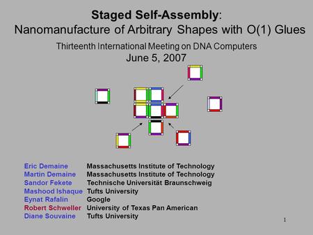 1 Thirteenth International Meeting on DNA Computers June 5, 2007 Staged Self-Assembly: Nanomanufacture of Arbitrary Shapes with O(1) Glues Eric DemaineMassachusetts.