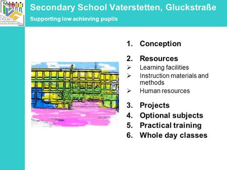 Secondary School Vaterstetten, Gluckstraße Supporting low achieving pupils 1.Conception 2.Resources Learning facilities Instruction materials and methods.