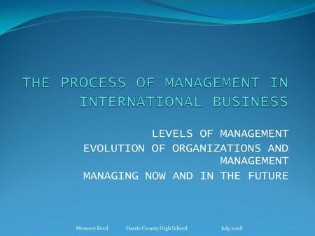 LEVELS OF MANAGEMENT EVOLUTION OF ORGANIZATIONS AND MANAGEMENT MANAGING NOW AND IN THE FUTURE Memory Reed Harris County High School July 2008.