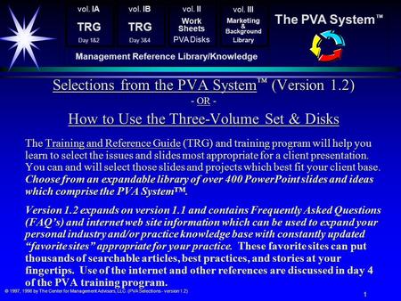 © 1997, 1998 by The Center for Management Advisors, LLC. (PVA Selections - version 1.2) 1 Selections from the PVA System (Version 1.2) - OR - How to Use.