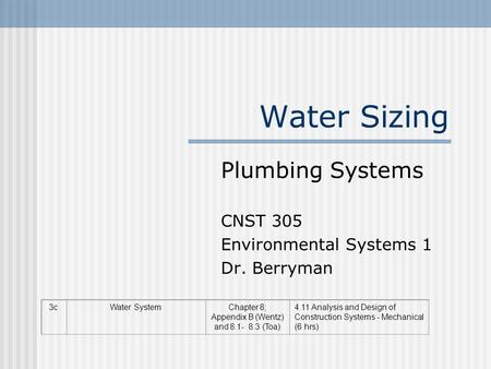 Plumbing Systems CNST 305 Environmental Systems 1 Dr. Berryman