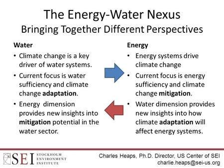 The Energy-Water Nexus Bringing Together Different Perspectives Water Climate change is a key driver of water systems. Current focus is water sufficiency.