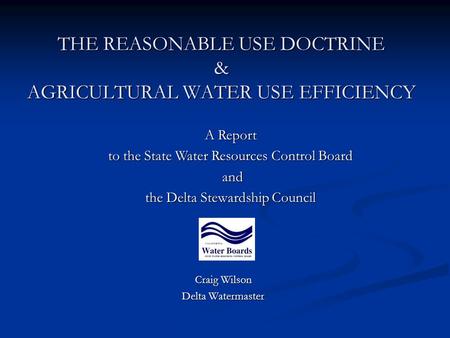 THE REASONABLE USE DOCTRINE & AGRICULTURAL WATER USE EFFICIENCY Craig Wilson Delta Watermaster A Report to the State Water Resources Control Board and.
