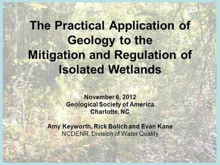 The Practical Application of Geology to the Mitigation and Regulation of Isolated Wetlands November 6, 2012 Geological Society of America Charlotte, NC.