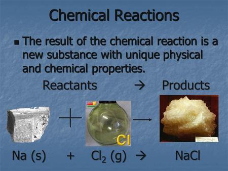 Chemical Reactions The result of the chemical reaction is a new substance with unique physical and chemical properties. The result of the chemical reaction.