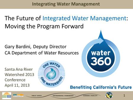 Integrating Water Management The Future of Integrated Water Management: Moving the Program Forward Gary Bardini, Deputy Director CA Department of Water.