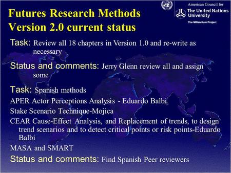 Futures Research Methods Version 2.0 current status Task: Spanish methods APER Actor Perceptions Analysis Eduardo Balbi Stake Scenario Technique Mojica.