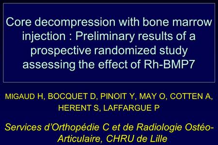Core decompression with bone marrow injection : Preliminary results of a prospective randomized study assessing the effect of Rh-BMP7 MIGAUD MIGAUD H,