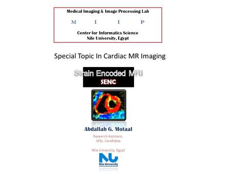 Special Topic In Cardiac MR Imaging Medical Imaging & Image Processing Lab MIIP Center for Informatics Science Nile University, Egypt Abdallah G. Motaal.