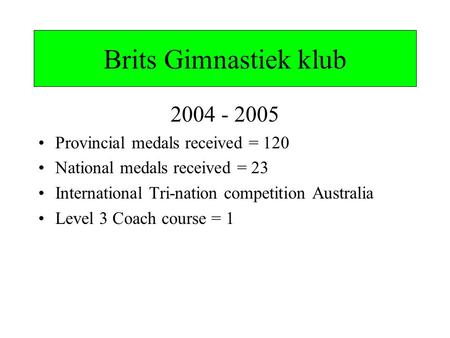 Brits Gimnastiek klub 2004 - 2005 Provincial medals received = 120 National medals received = 23 International Tri-nation competition Australia Level 3.