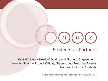 Students as Partners Kate Wicklow - Head of Quality and Student Engagement, Jennifer Swain – Project Officer, Student Led Teaching Awards National Union.