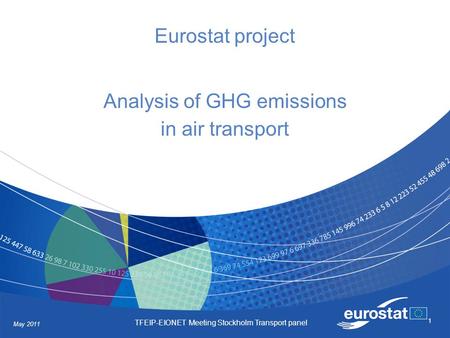 May 2011 TFEIP-EIONET Meeting Stockholm Transport panel 1 Eurostat project Analysis of GHG emissions in air transport.