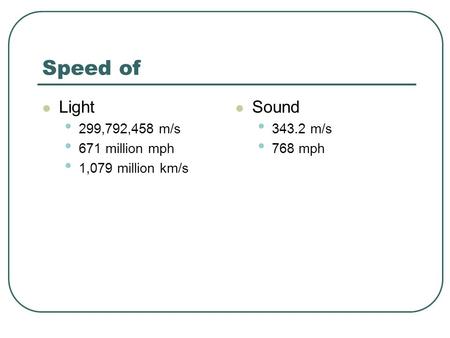 Speed of Light Sound 299,792,458 m/s 671 million mph