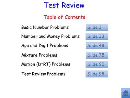 Test Review Table of Contents Basic Number Problems Slide 3