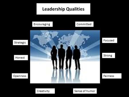 Honest Strong Committed Strategic Focused Encouraging Leadership Qualities Fairness Sense of humorCreativity Openness.