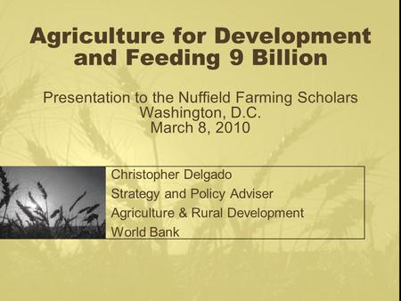 Agriculture for Development and Feeding 9 Billion Presentation to the Nuffield Farming Scholars Washington, D.C. March 8, 2010 Christopher Delgado Strategy.