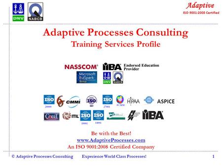 Quality Consulting © Adaptive Processes ConsultingExperience World Class Processes!1 Adaptive Processes Consulting Training Services Profile Be with the.