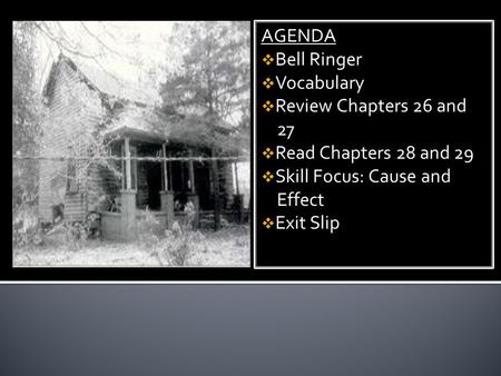 AGENDA Bell Ringer Vocabulary Review Chapters 26 and 27 Read Chapters 28 and 29 Skill Focus: Cause and Effect Exit Slip AGENDA Bell Ringer Vocabulary Review.