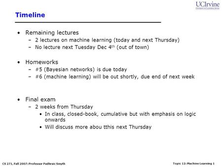Timeline Remaining lectures Homeworks Final exam
