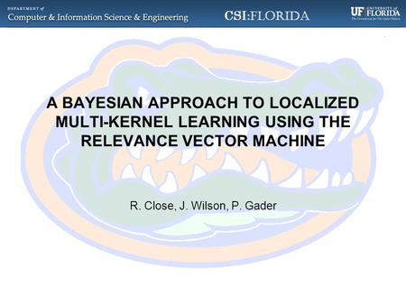 CSI :Florida A BAYESIAN APPROACH TO LOCALIZED MULTI-KERNEL LEARNING USING THE RELEVANCE VECTOR MACHINE R. Close, J. Wilson, P. Gader.