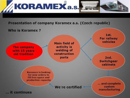 Who is Koramex ? The company with 15 years old tradition … and complete custom manufacturing Main field of activity is welding of construction parts Koramex.