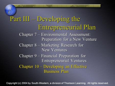 Part III – Developing the Entrepreneurial Plan