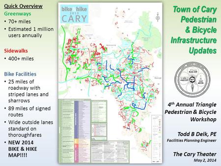 Quick Overview Greenways 70+ miles Estimated 1 million users annually Sidewalks 400+ miles Bike Facilities 25 miles of roadway with striped lanes and sharrows.