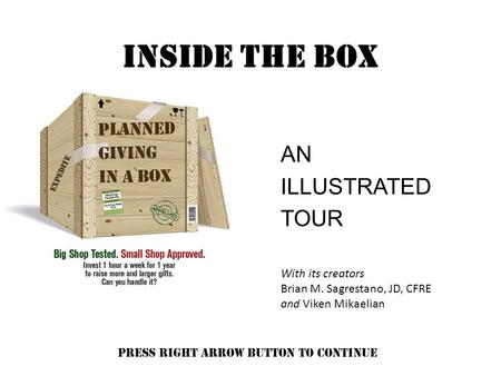 INSIDE THE BOX AN ILLUSTRATED TOUR With its creators Brian M. Sagrestano, JD, CFRE and Viken Mikaelian press right arrow button to continue.