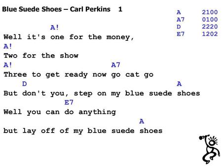 Blue Suede Shoes – Carl Perkins 1 A2100 A70100 D2220 E71202 A! Well it's one for the money, A! Two for the show A! A7 Three to get ready now go cat go.