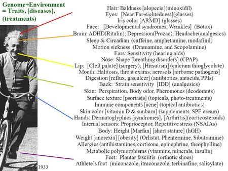 Genome+Environment = Traits, [diseases], (treatments) Hair: Baldness [alopecia](minoxidil) Eyes: [Near/Far-sightedness](glasses) Iris color [ARMD] (glasses)